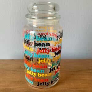 Vintage Jelly Bean Glass Jar w/Lid Sealed 1980’s Graphic Container Colorful